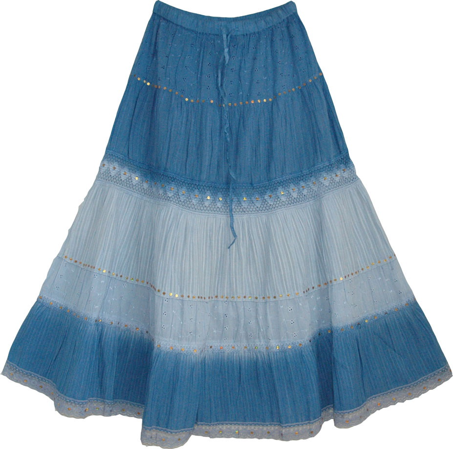 Summer Cotton Skirt in Blue Shaded, Sequin Blue Summer Long Skirt
