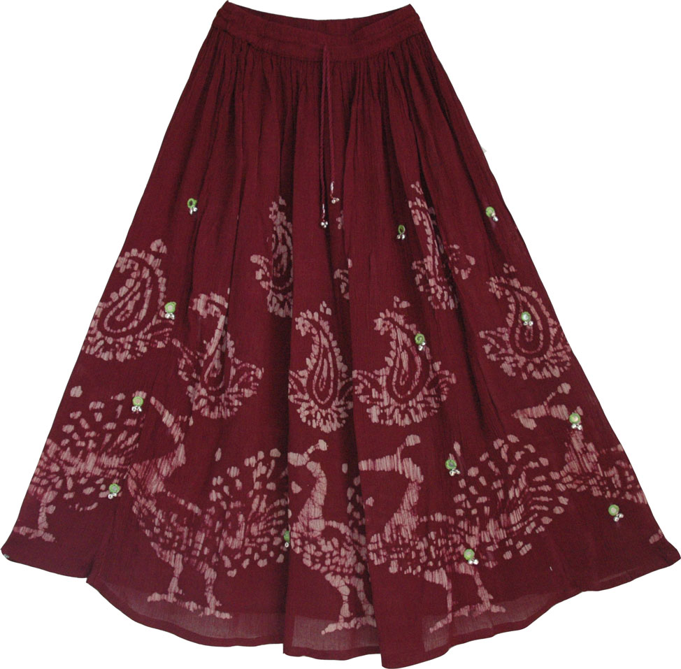 Maroon Womens Long Skirt with Mirrors, Wine Berry Long Skirt with Mirrors