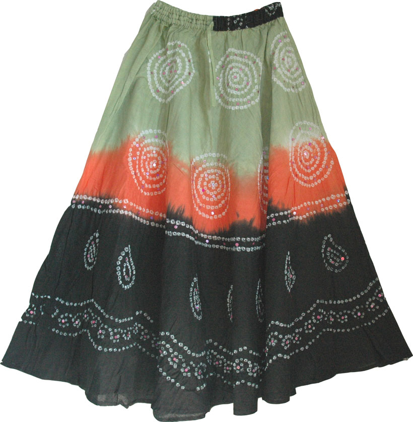 Black orange ethnic indian long skirt , Tie Dye Sequin Dancing Skirt