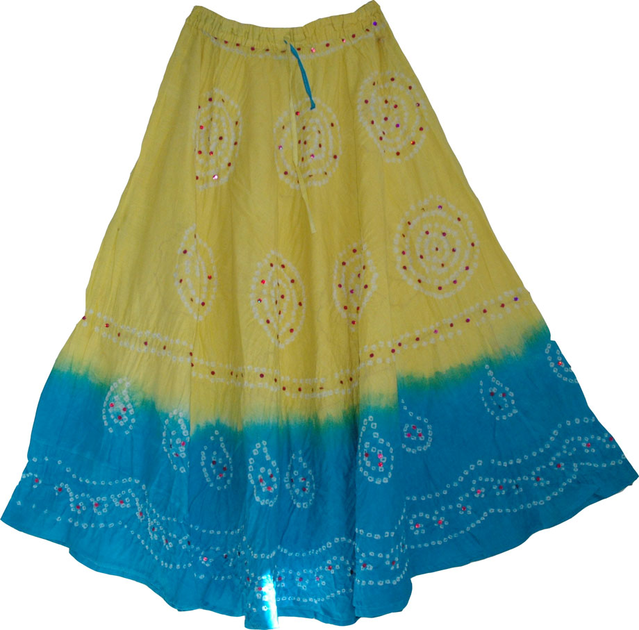 Dancing indian tie dye long skirt summer long skirt., Tie Dye Skirt in Yellow and Blue 