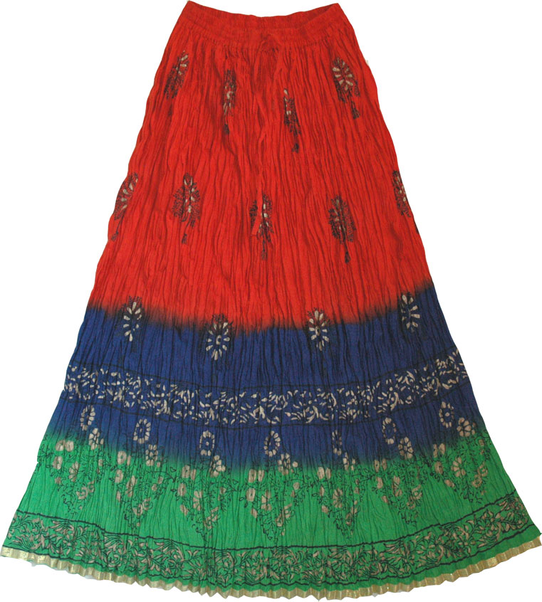 Crinkle long skirt with batik print,  indian long skirt, Red Crinkle Long Summer Skirt  