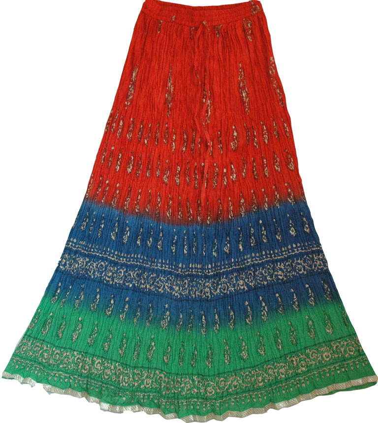 Crinkle long skirt with batik print,  indian long skirt, Cotton Crinkle Long Summer Skirt  