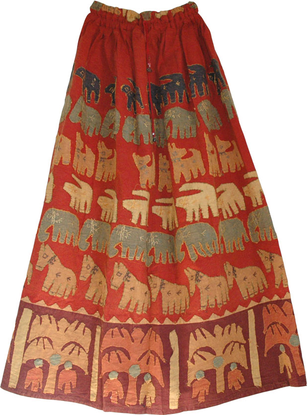 Bohemian clothing with applique work - Long cotton skirt with an A line fit, Poppy Bohemian Long Skirt