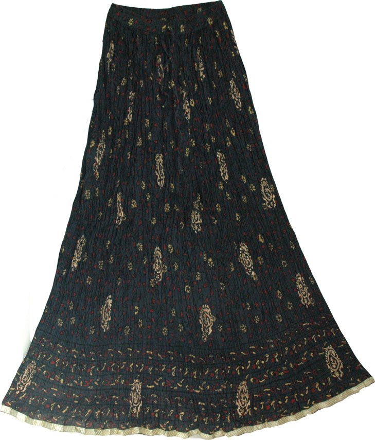 Crinkle long skirt with black print and golden motifs, Navy Crinkle Summer Long Skirt 