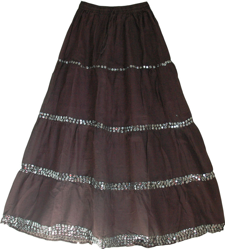 Woody brown womens long skirt with sequins This long flowing skirt is