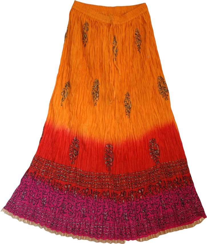 Crinkle long skirt with batik print,  indian long skirt., Tie Dye Crinkle Long Plus Size Skirt