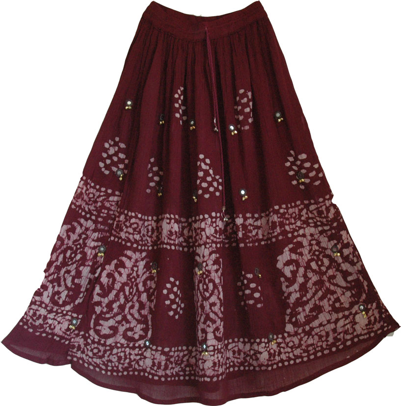 Maroon Womens Long Skirt with Mirrors, Wine Berry Long Skirt with Mirrors