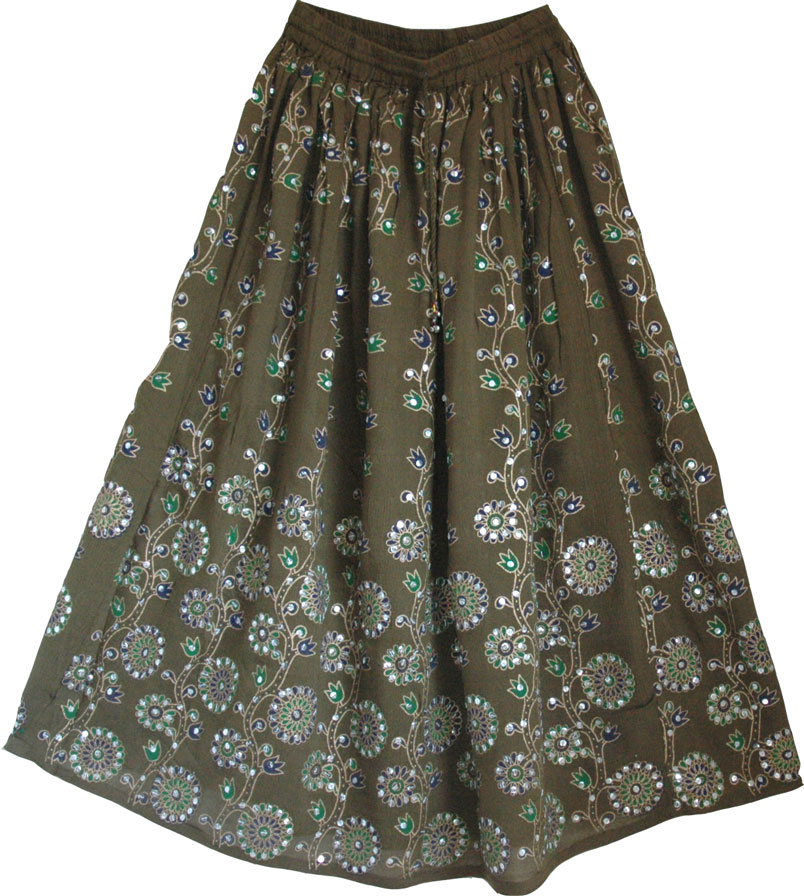 Sequined cotton long lady skirt in hemlock, Hemlock Sequin Skirt with Floral Motifs