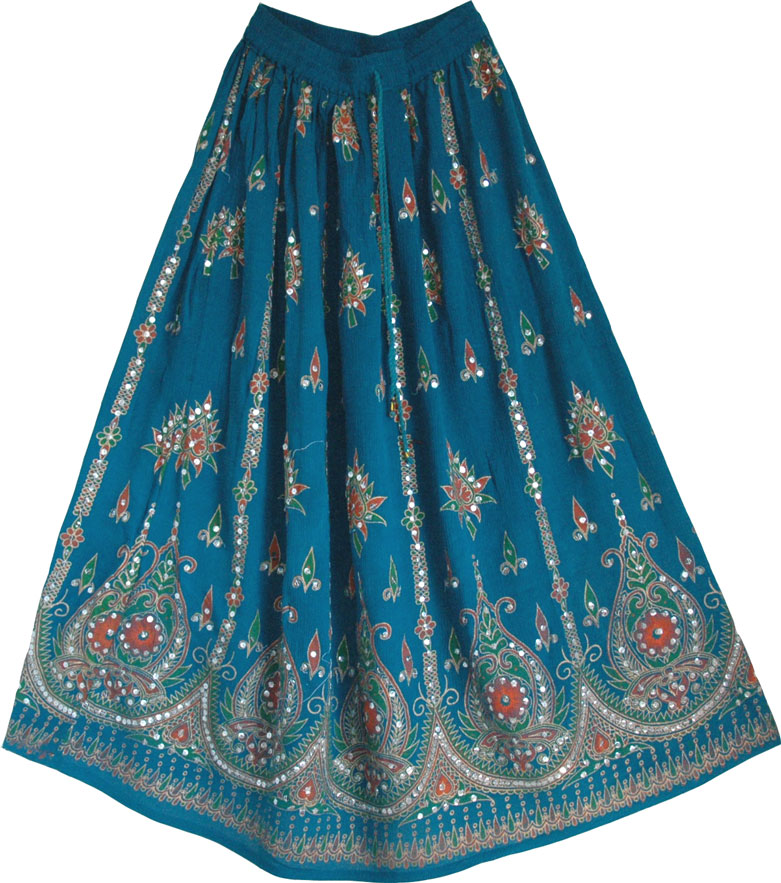 Sequined cotton long lady skirt in Teal Blue, Teal Blue Sequin Skirt with Floral Motifs