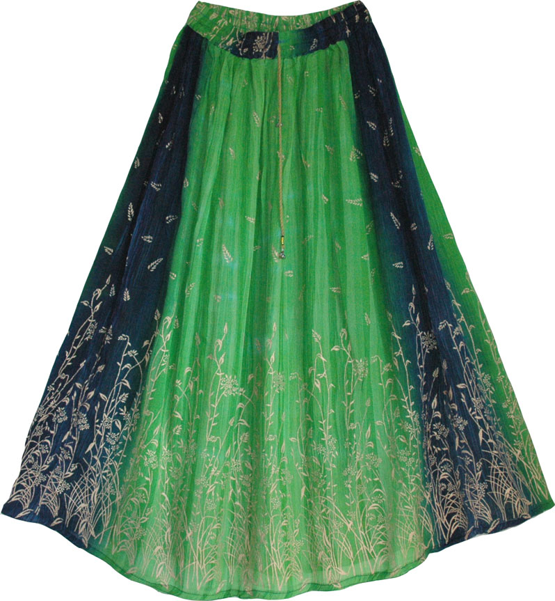Designer long skirt with golden block print - this long sea green skirt is perfect party wear this summer, Sea Green Golden Long Skirt