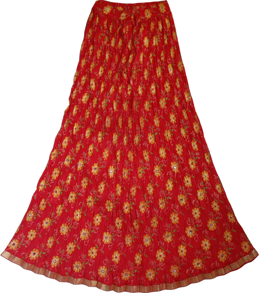 Crinkle long skirt in tamarillo with flower print accentuated with mirrors , Festive Crinkle Skirt in Tamarillo