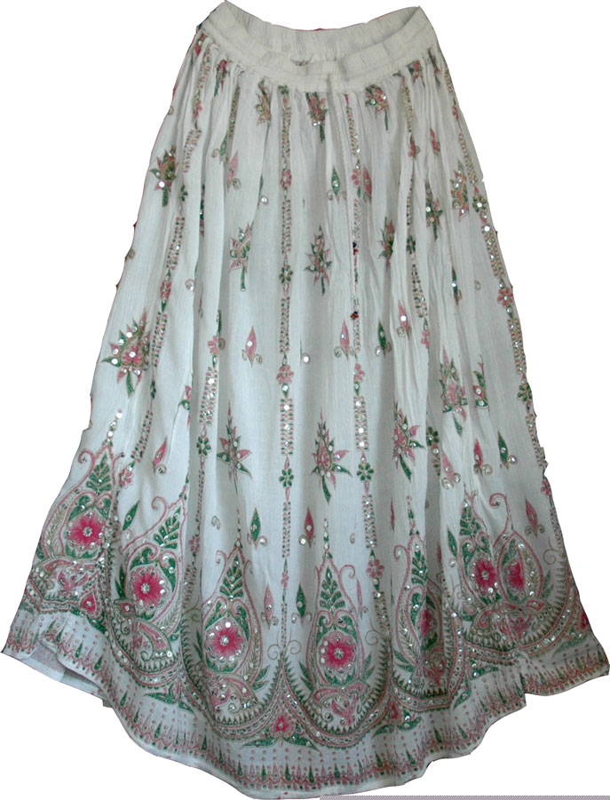 Sequined cotton long lady skirt in white from India, White Sequin Skirt with Floral Motifs