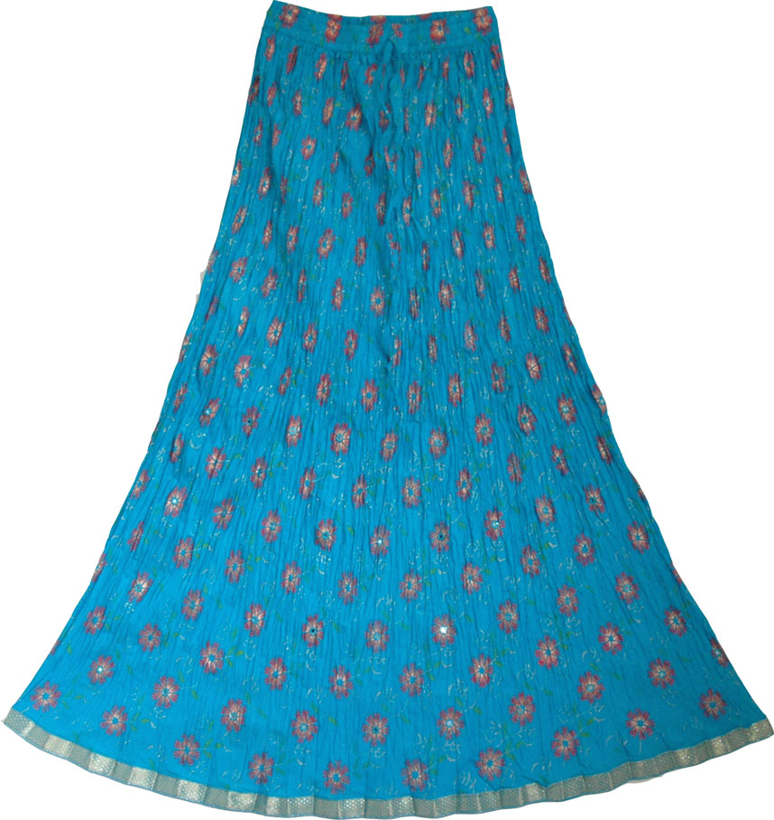 Crinkle long skirt in eastern blue with flower print accentuated with mirrors , Festive Crinkle Skirt in Eastern Blue