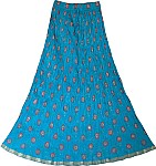 Crinkle long skirt in eastern blue with flower print accentuated with mirrors  [877]