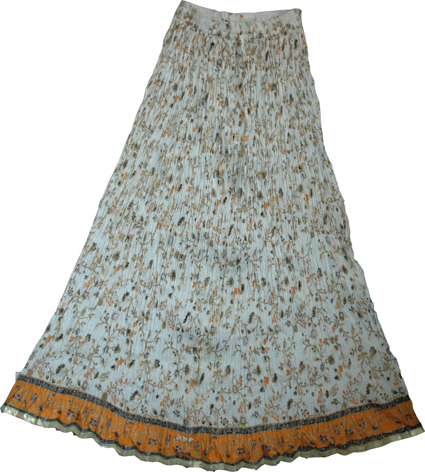 White cotton crinkle summer long skirt, White Bohemian Crinkle Skirt 