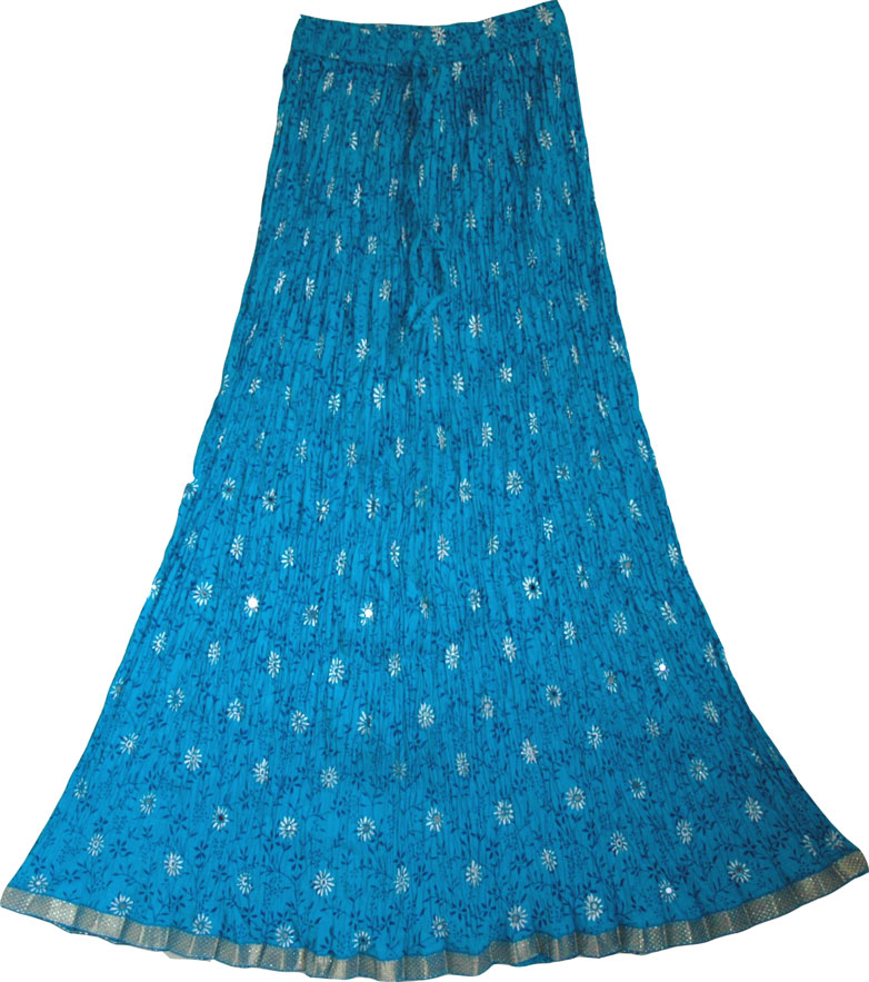 Crinkle long skirt in eastern blue with flower print accentuated with mirrors , Bohemian Crinkle Skirt in Eastern Blue