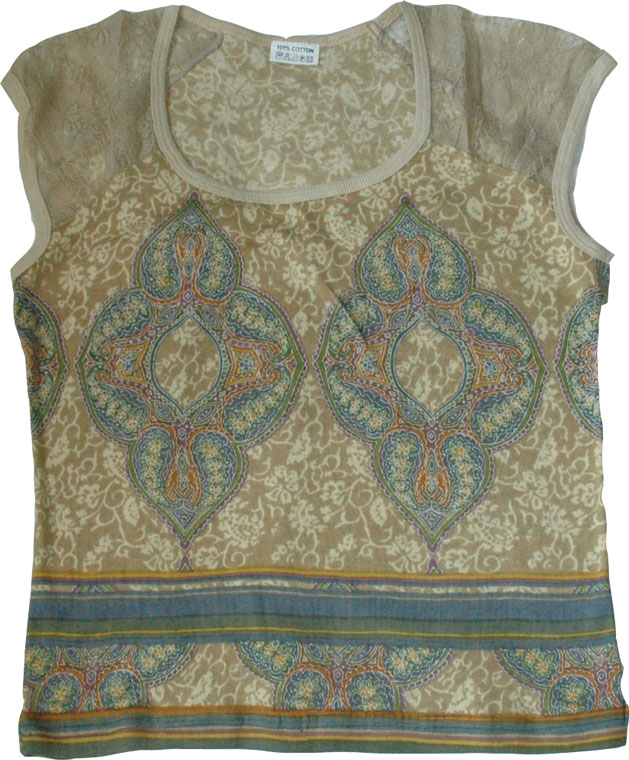 Paisley Tee with Lace Sleeves, Paisley Printed Tee w/ Lace