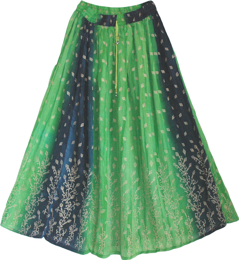 Designer summer long skirt with golden leaf block print, Green Navy Summer Long Skirt