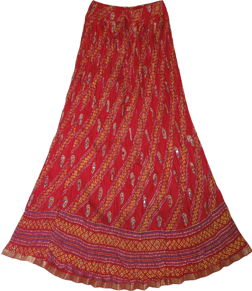Red crinkle long skirt with mirrors, Crinkle Red Long Skirt 