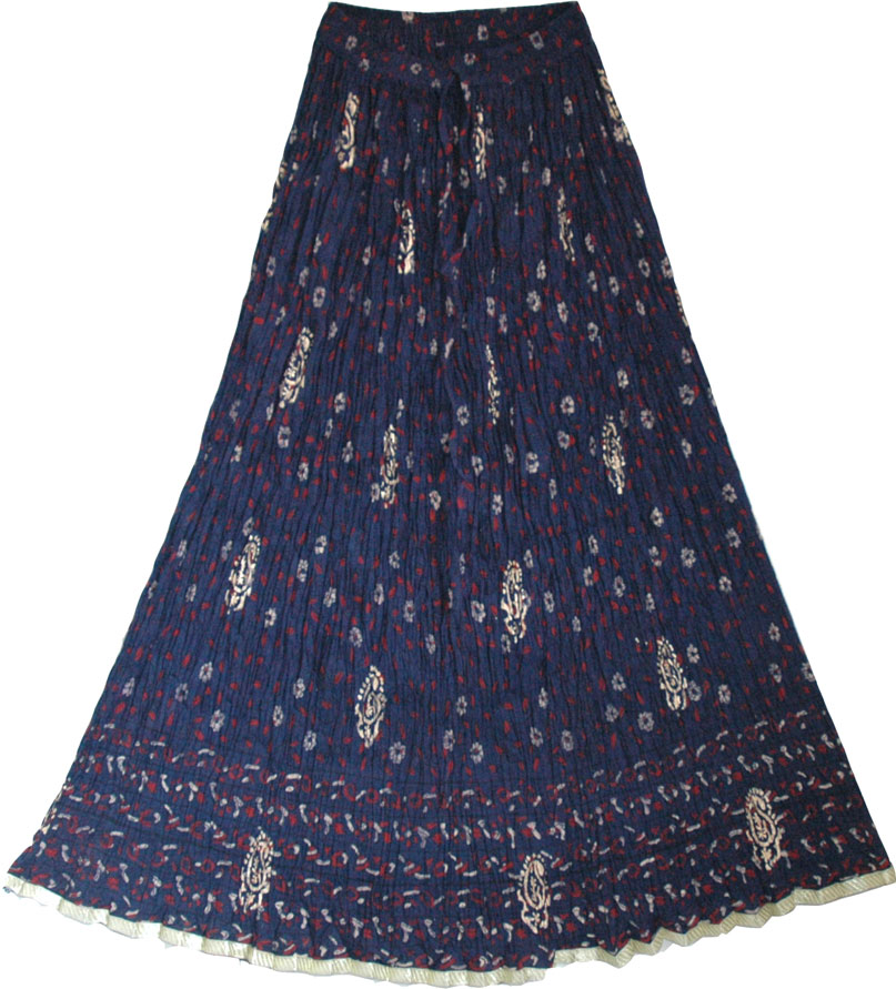 Crinkle long skirt with black print and golden motifs, Crinkle Summer Long Skirt 