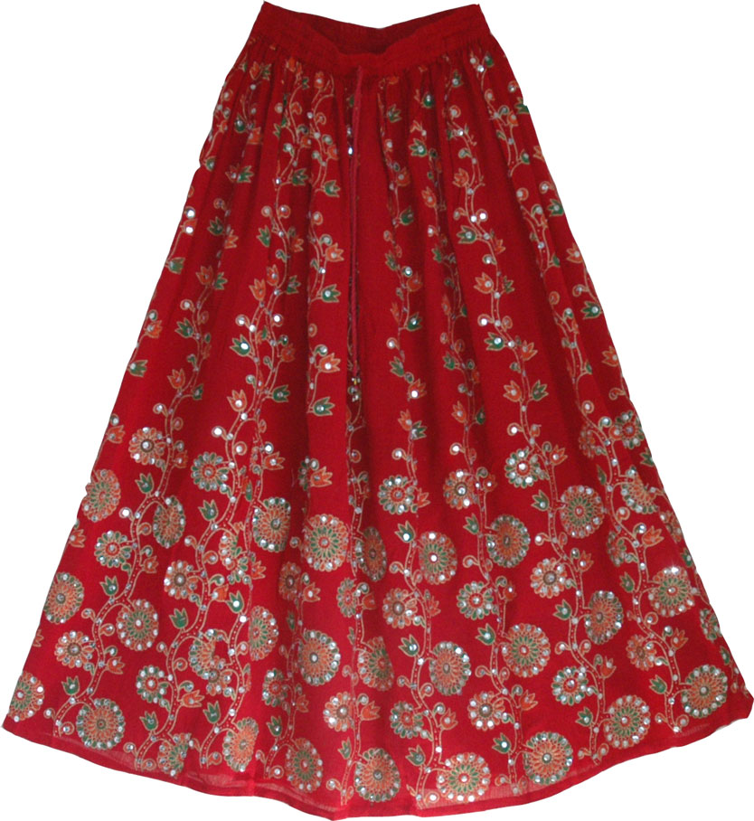 Sequined cotton long lady skirt in red, Tamarillo Sequin Skirt with Floral Motifs