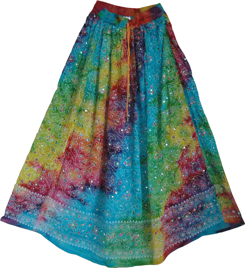 Ethnic indian summer long skirt with multicolor sequins, Fruity Harvest  Summer Long Skirt