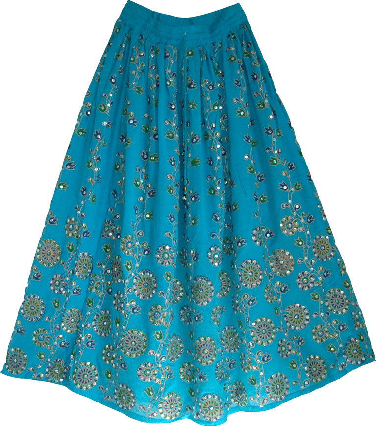 Sequined cotton long lady skirt in blue, Bondi Blue Sequin Skirt with Floral Motifs