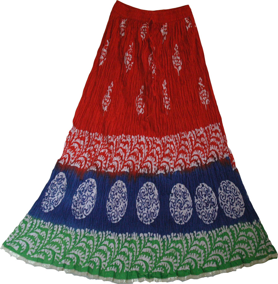 Cotton summer skirt with red batik print, Red Batik Print  Long  Summer Skirt