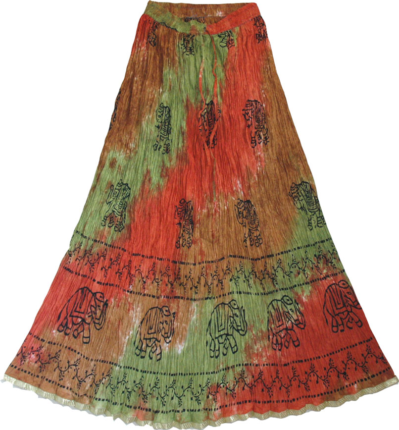 Indian crinkle long skirt in elephant batik , Tahitian Womens Summer Skirt  