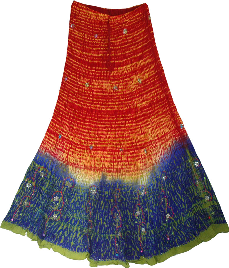 Boho gypsy tie-dye silk long skirt, Ethnic Long Skirt with Sequins