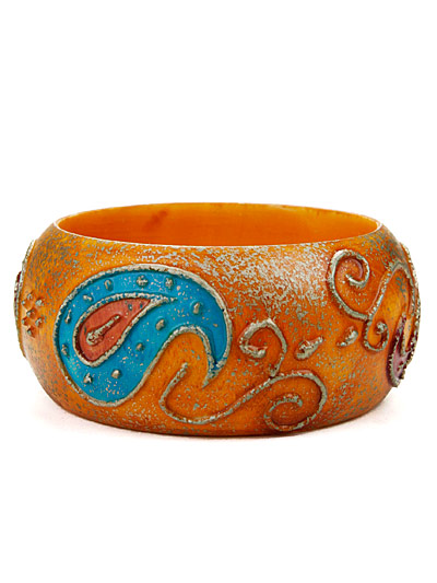 Bangle bracelet in golden yellow, Paisley Painted Ethnic Bracelet