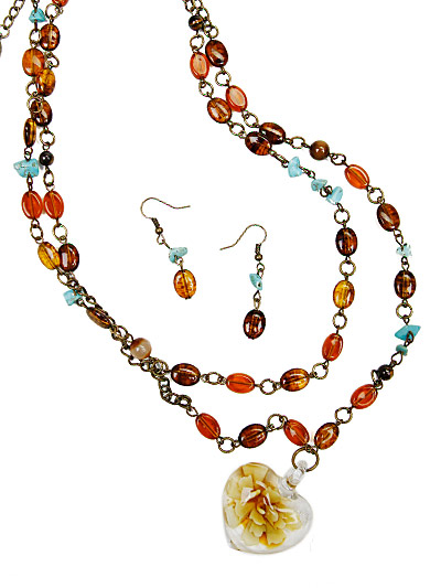 Heart Glass Pendant, Beaded Necklace 