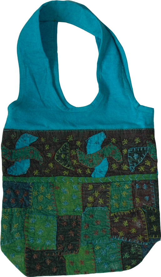 Cotton Handbag in Shades of Blue, Bohemian Patchwork Cotton Bag
