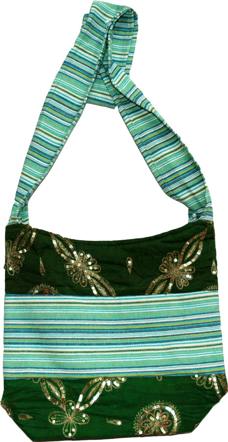 Sequined Striped Sling Cloth Bag, Palm Leaf Striped College Sling Bag