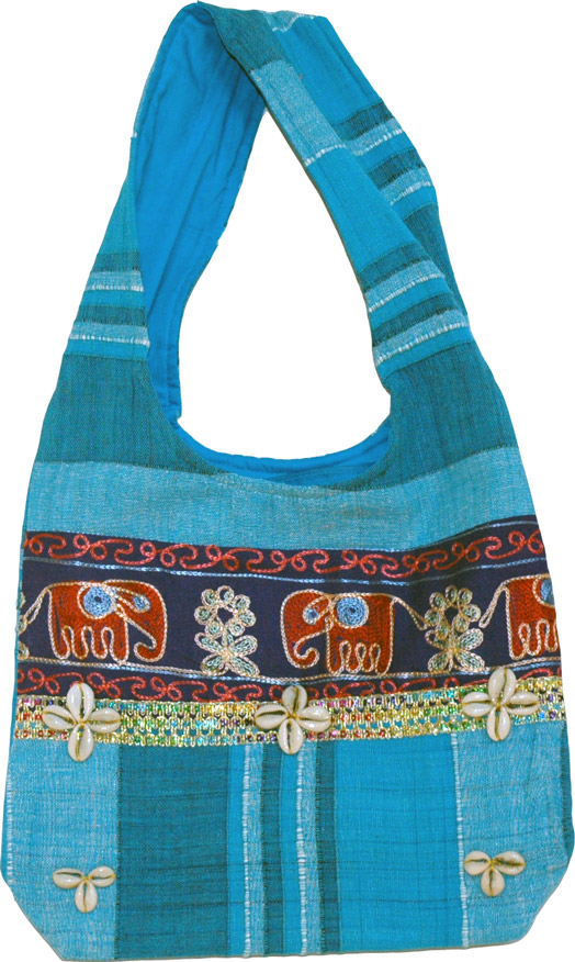 Embroidered Purse in Blue with Shells, Blue Handbag Purse