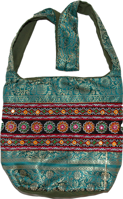 Shiny Greenish Blue Handbag Purse, Brocade Sari Handbag