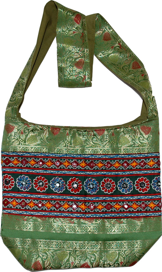 Shiny Green Handbag Purse, Brocade Sari Ethnic Handbag