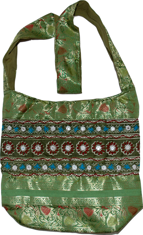 Ethnic Handbag Purse, Shiny Green Embroidered Handbag