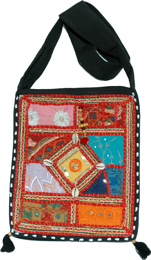 Black Embroidered Patchwork Handbag