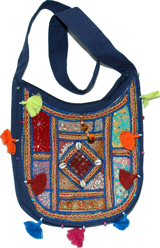 Navy Embroidered Handbag, Navy Patchwork Handbag 