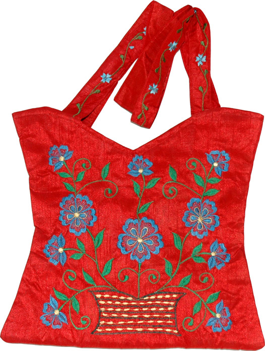 Floral Embroidered Handbag, Royal Red Floral Silk Handbag