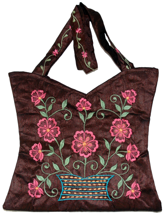 Floral Embroidered Handbag in Brown, Brown Floral Silk Handbag