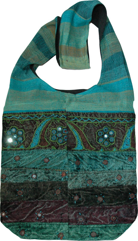 Velvet Handbag with Mirrors and Embroidery - Handbag womens in rich and vibrant colors, Blue Green Velvet Bohemian Bag
