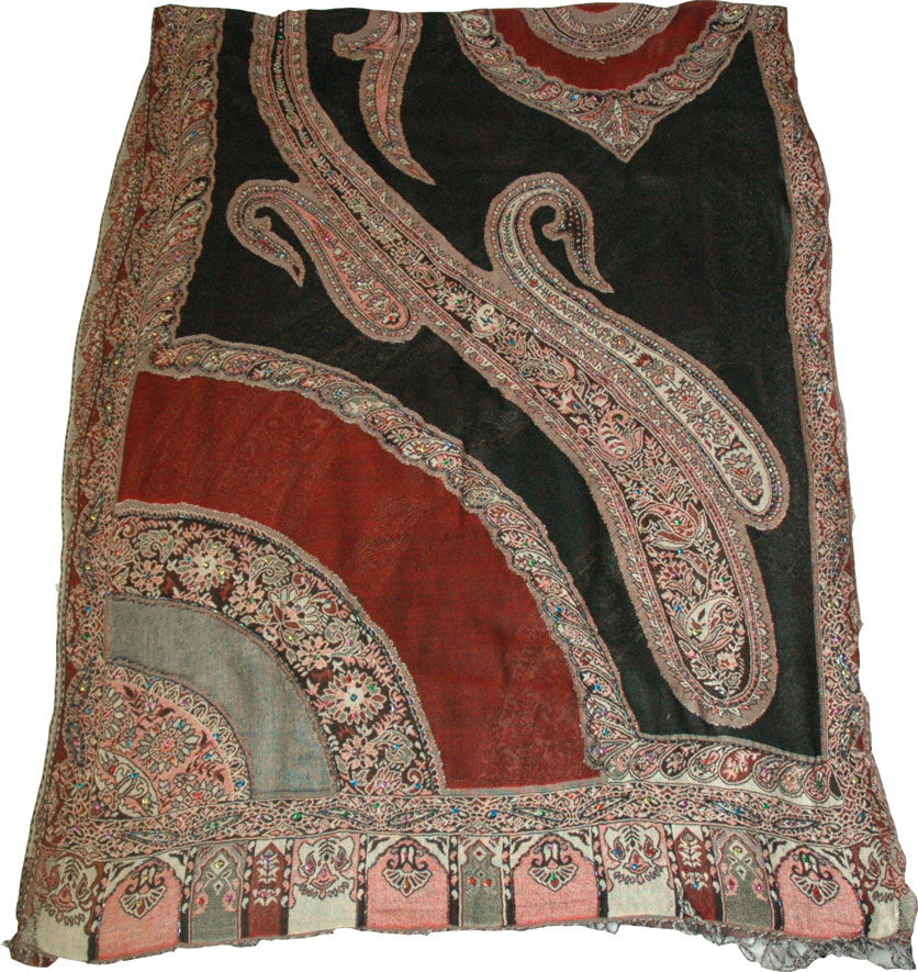 Indian wedding shawl in black red with sequins, Black Paisley Challis Shawl Stole with Sequin