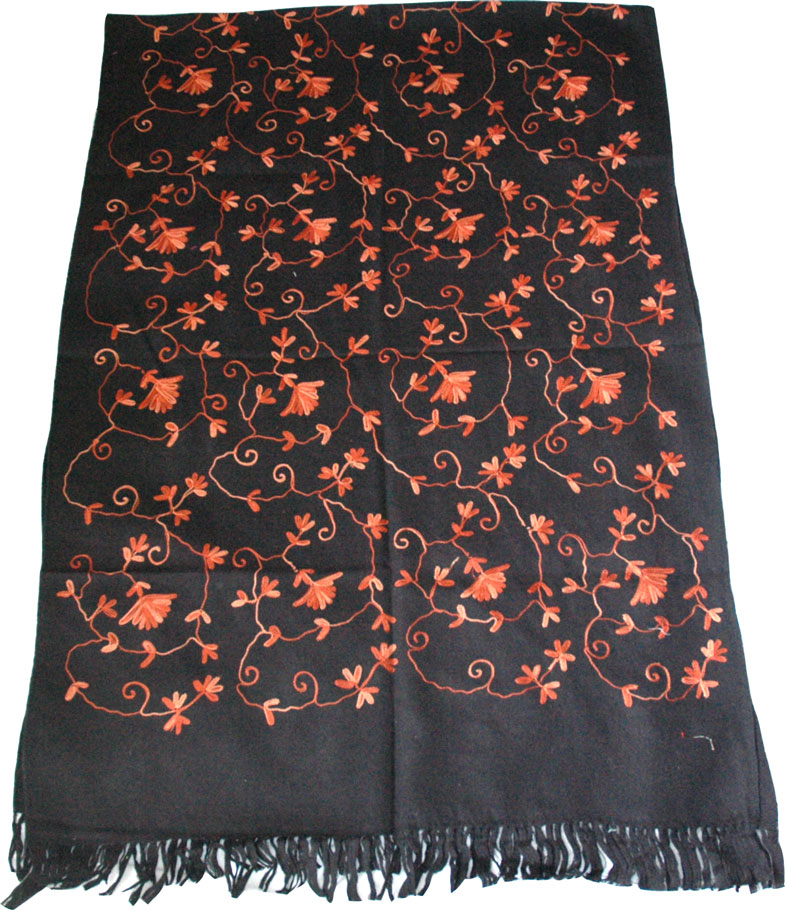 Orange Embroidered Black Shawl Stole, Orange Black Stole