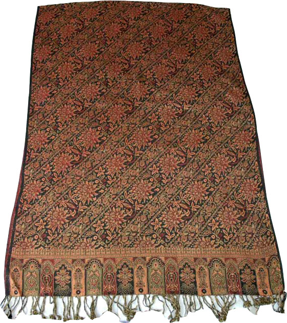 Jamawar shawl, black shawl with orange, Black Orange Reversible Jamawar Stole 