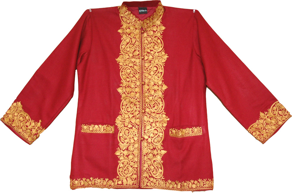 Warm coat with Embroidery, Embroidered Wool Coat in Cardinal