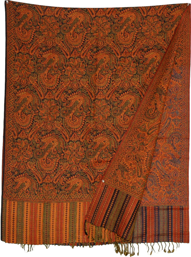 Jamawar shawl with orange, Black Orange Reversible Jamawar Shawl