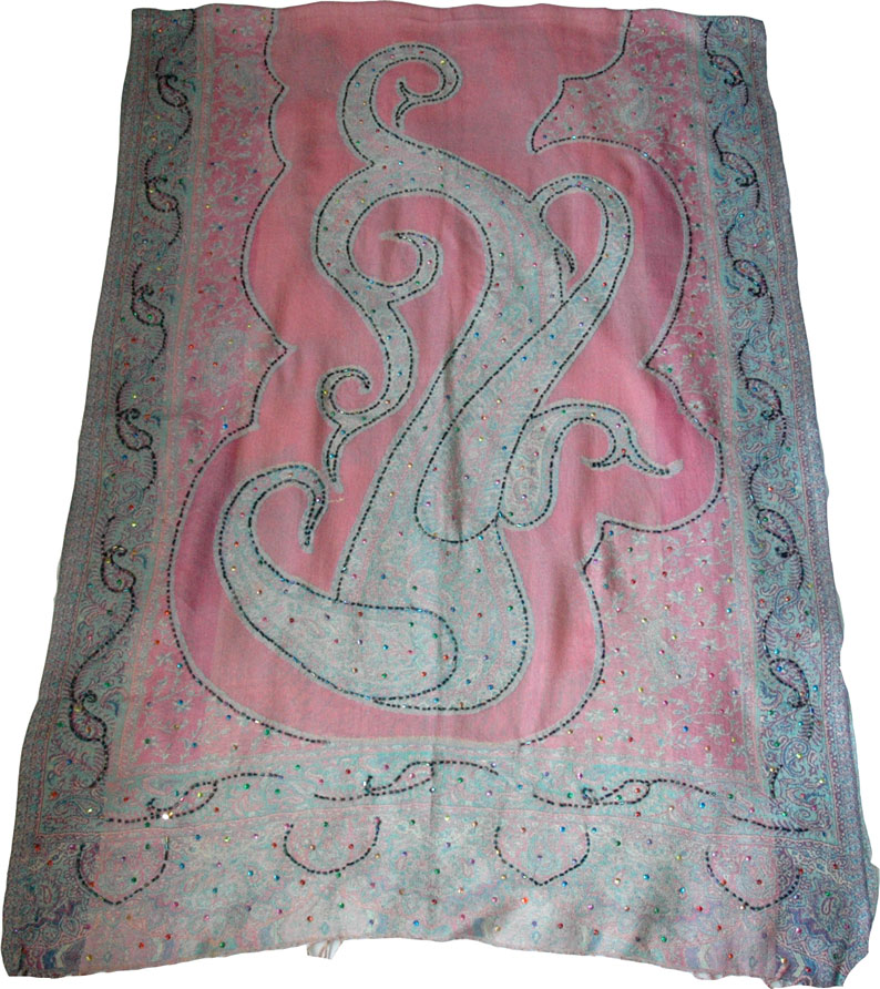 Indian wedding shawl in pink with sequins, Pink Paisley Challis Shawl Stole with Sequin