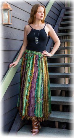 Vertical Patchwork Bohemian Gypsy Skirt with Thread Fringes